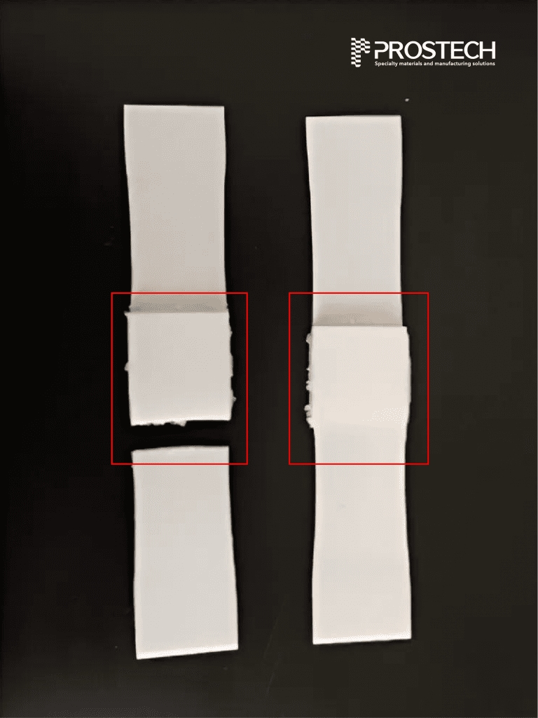 PTFE deformed and fractured while bond remains intact 