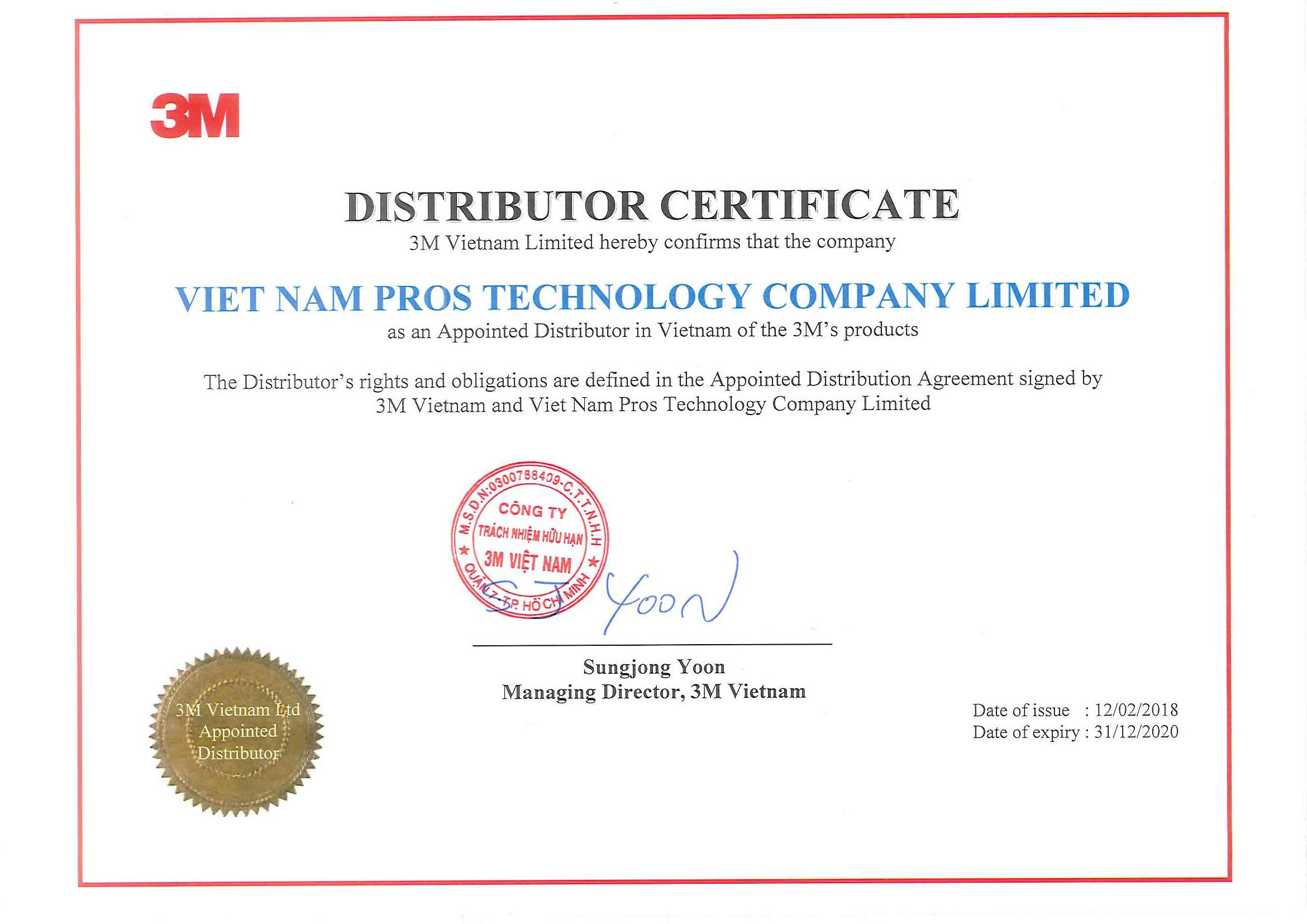 Giay chung nhan nha phan phoi chinh hang 3M Prostech Authorized Distributor Certificate Prostech