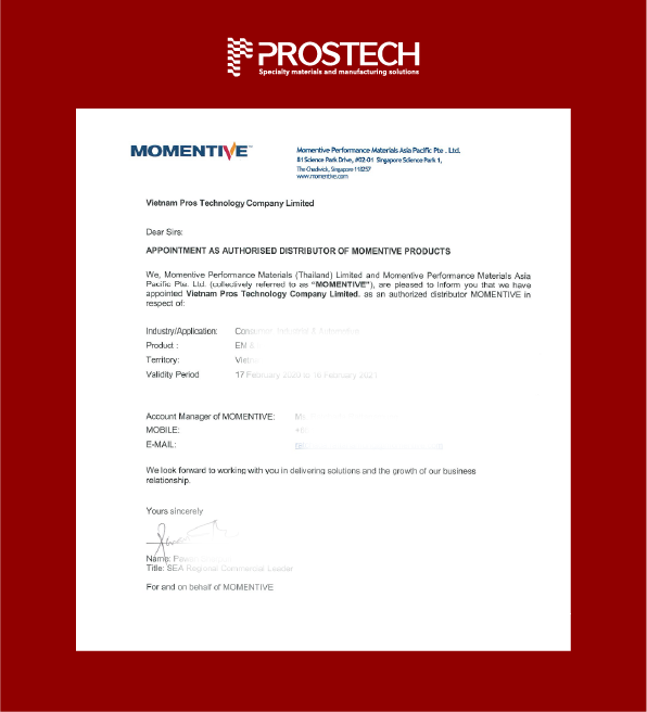 Prostech Momentive Authorized Distributor Certificate